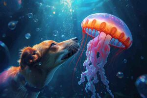 immagine grafica di un cane a contatto con una medusa