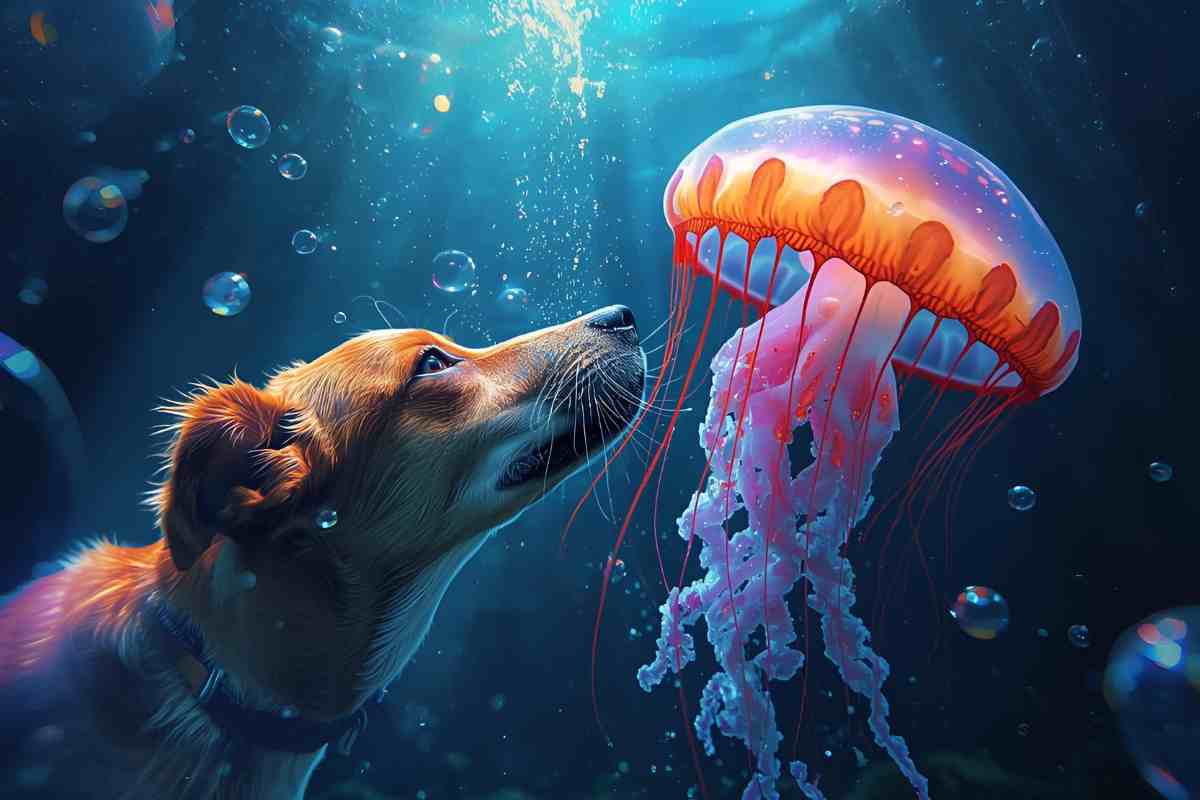 immagine grafica di un cane a contatto con una medusa