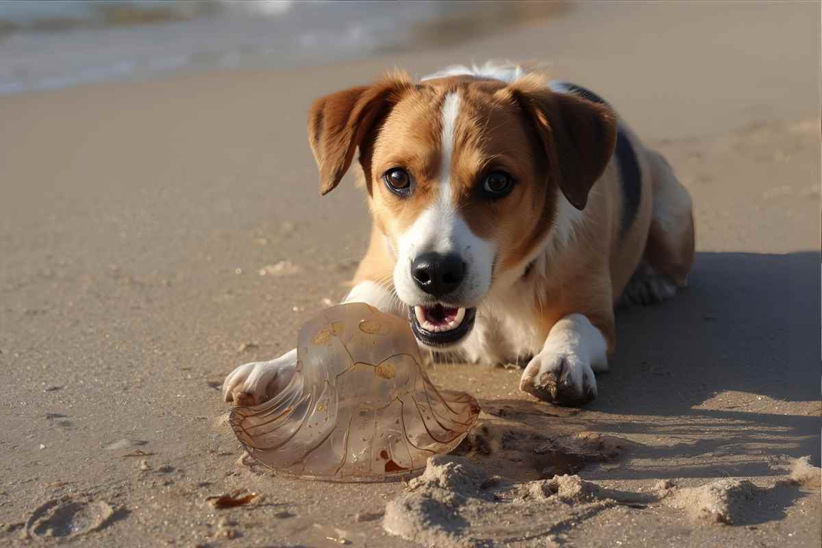 cane punta una medusa fuori dall'acqua